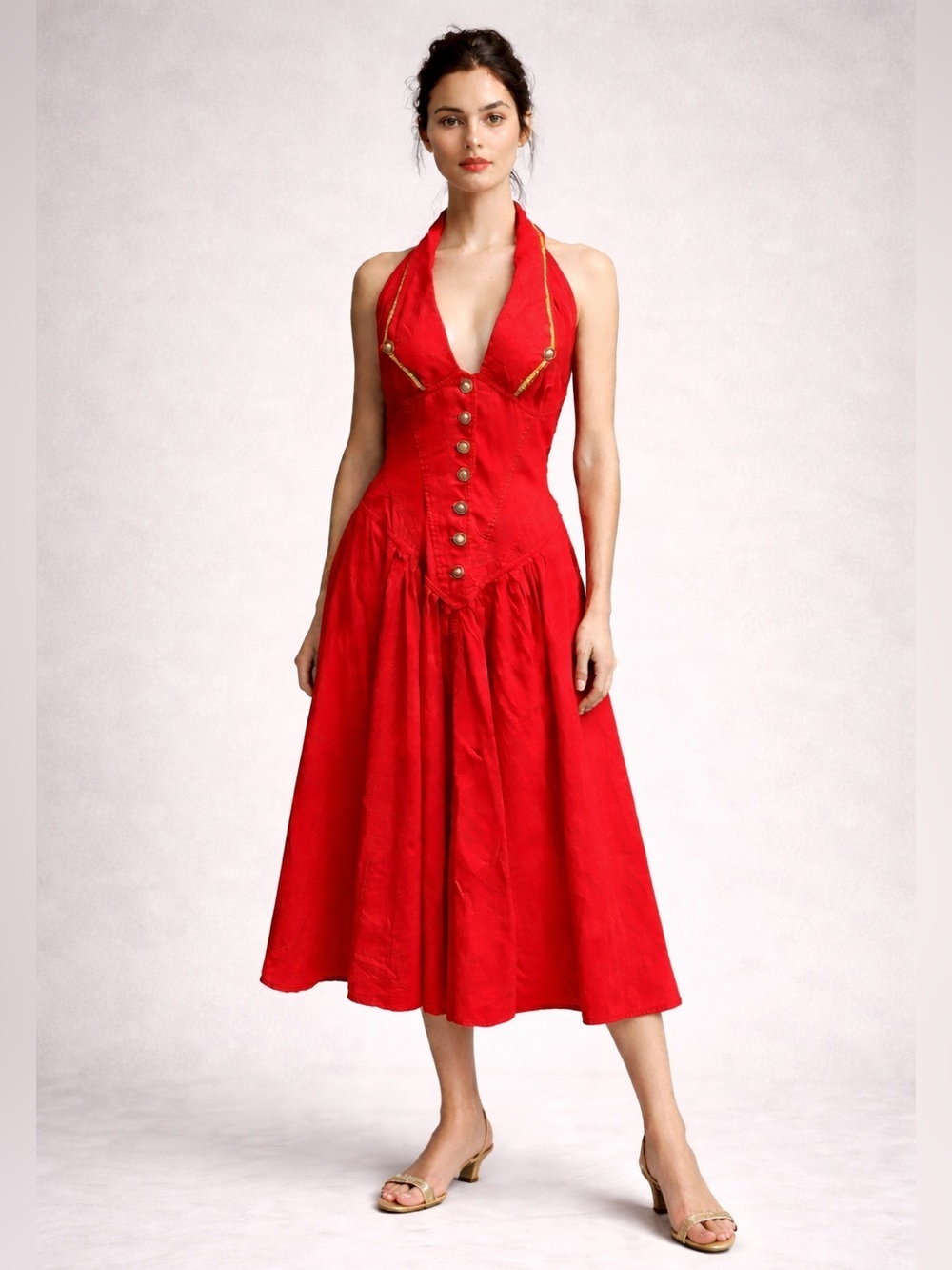 Vintage 90s Karen Alexander red w gold braid and buttons halter dress full skirt